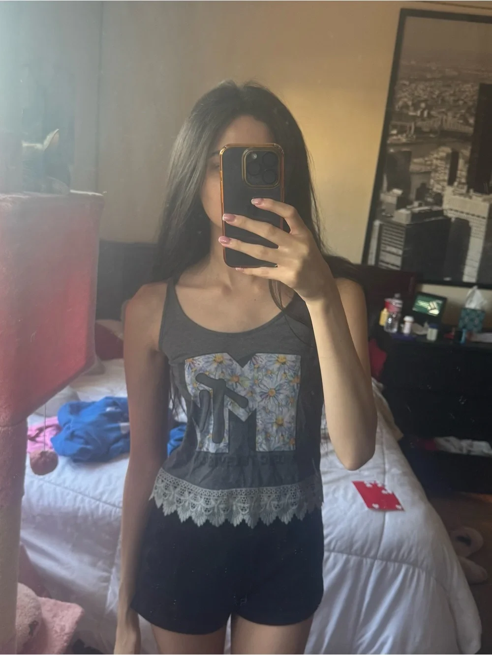 MTV Dark Gray Floral Logo Lace-Trim Girls' Tank